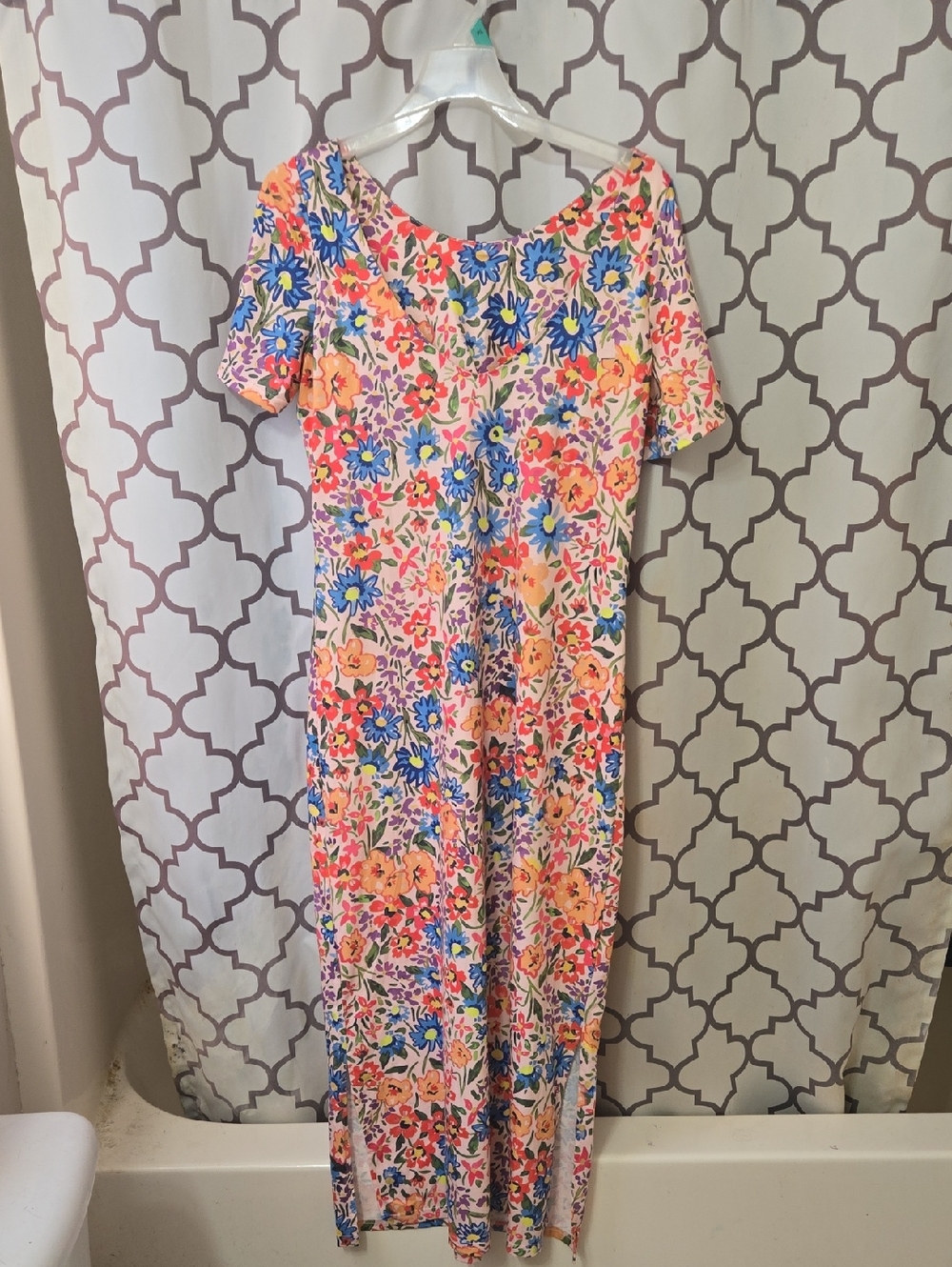 Floral Maxi Dress in Pink with Blue & Peach Flowers